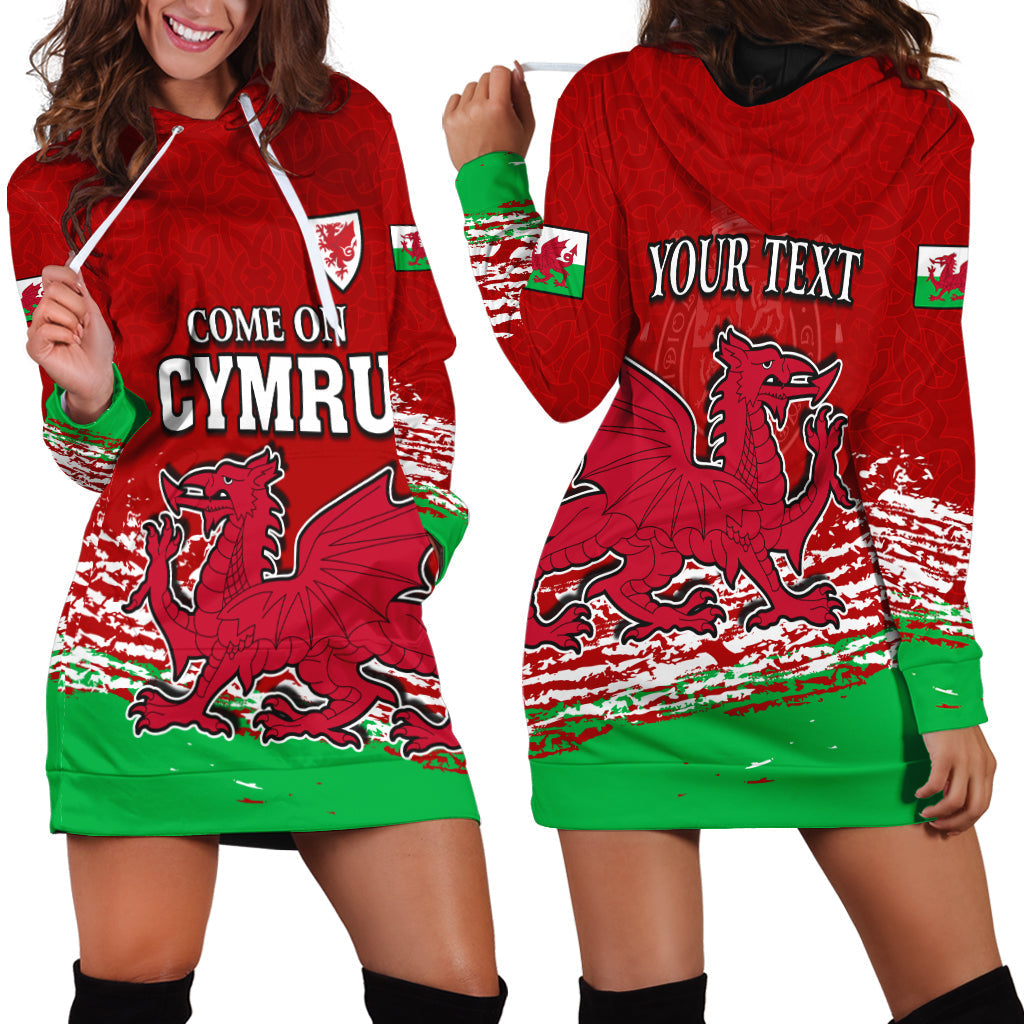 Red Wales hoodie dress: 'COME ON CYMRU' print, dragon crest, green-and-white sleeve trim