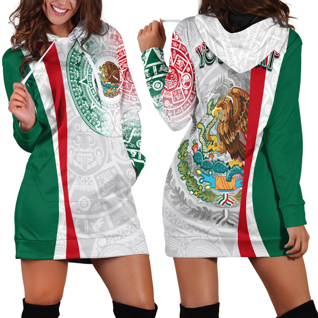 Hoodie dress in white with green and red side stripes, graphic eagle and Aztec print