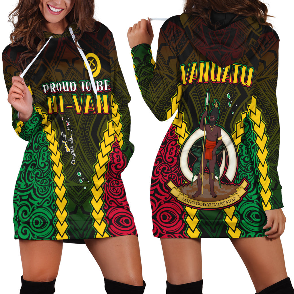 Dark hoodie dress with multicolor tribal print and Proud to be Ni-Van front text