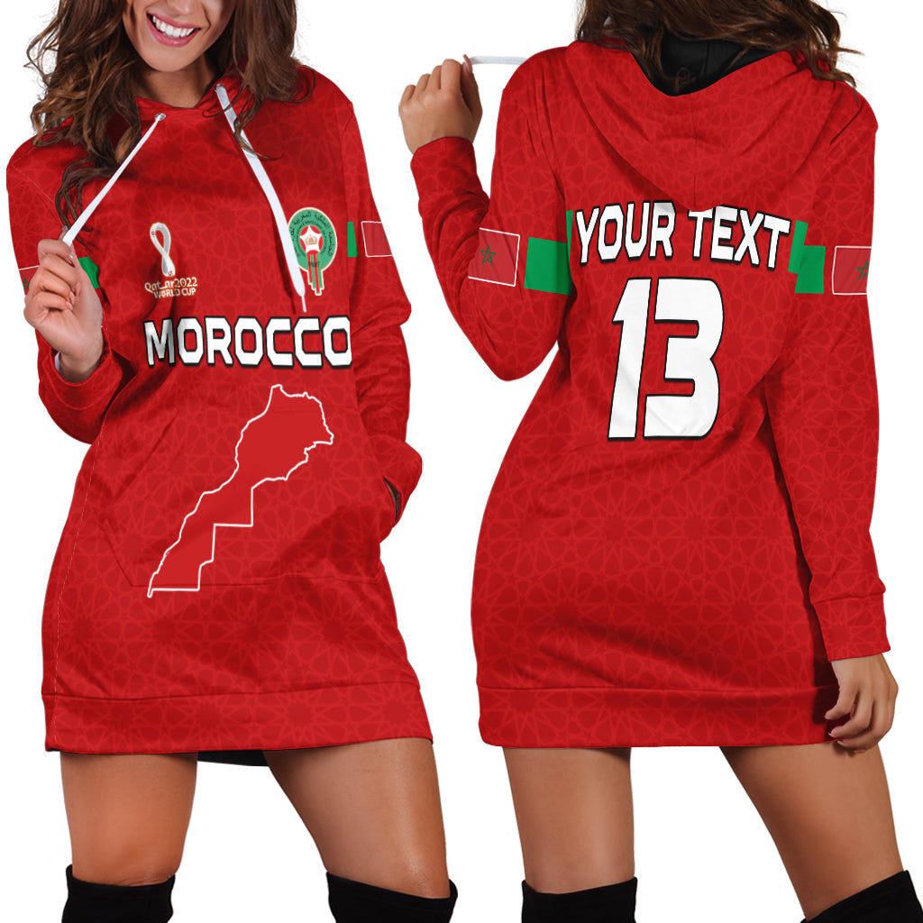 Red hoodie dress with front print, kangaroo pocket and drawstring hood, long sleeves