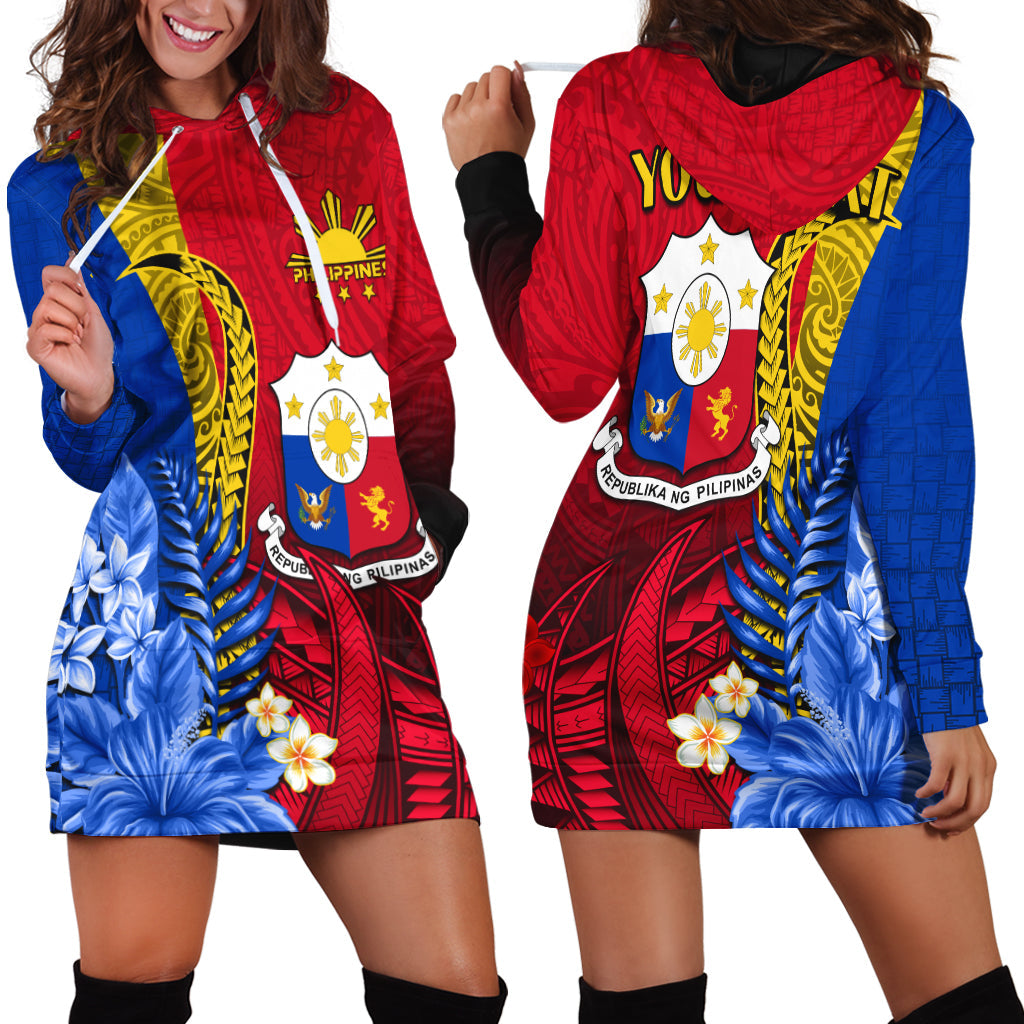 Red and blue hoodie dress with colorful tropical emblem print, drawstring hood, front pocket