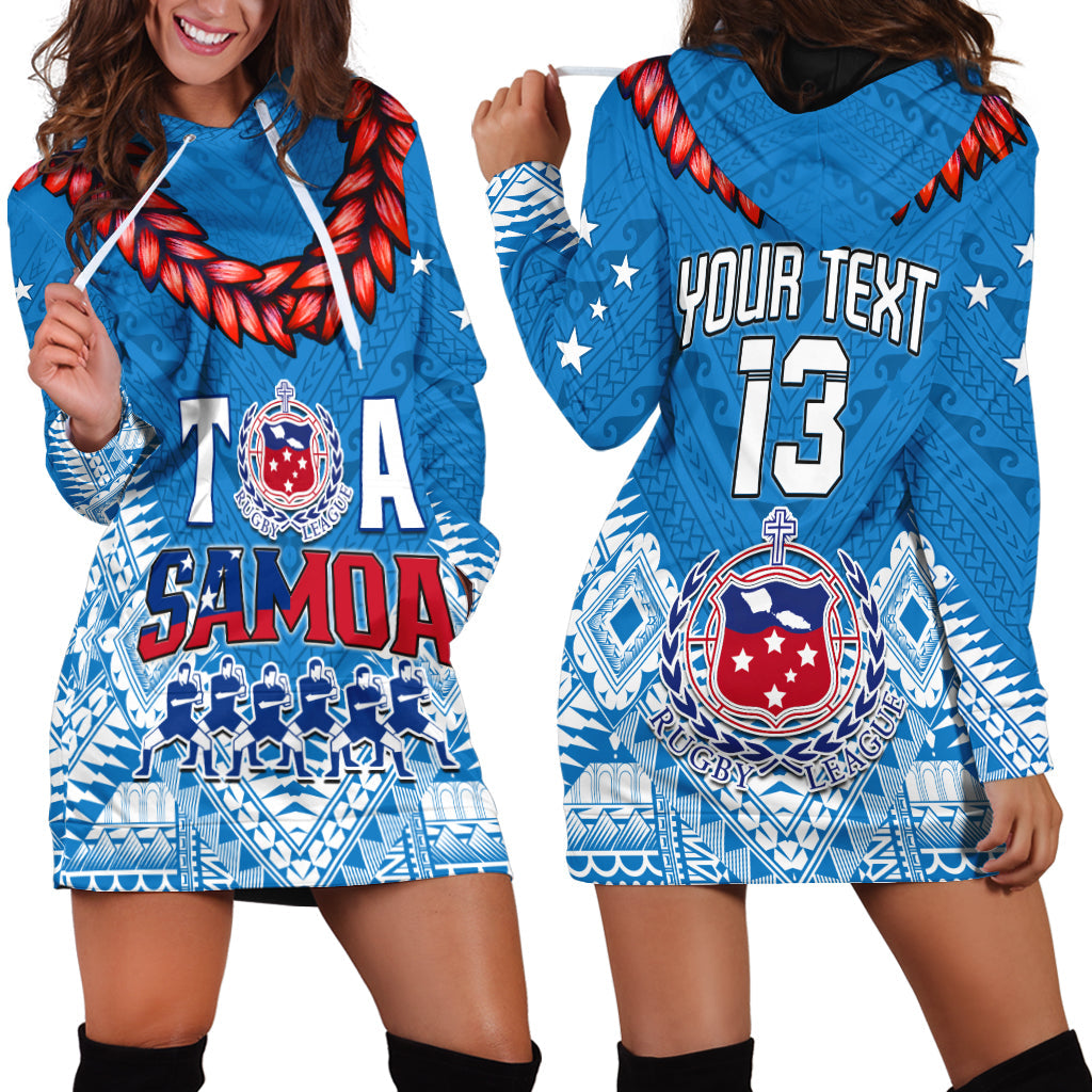 Blue hoodie dress with front kangaroo pocket, hood drawstrings, red feather shoulder print