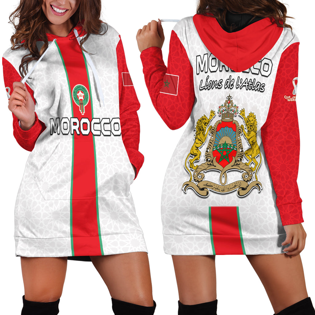 White and red Morocco football hoodie dress with lion crest graphic, hood and long sleeves