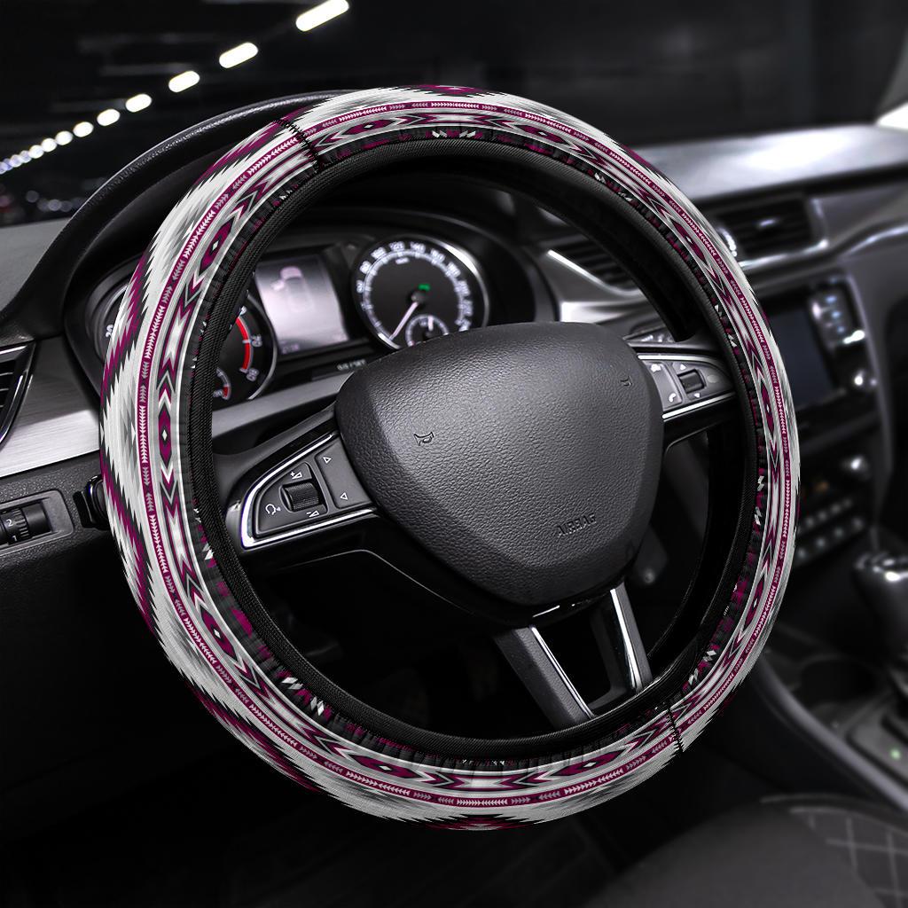 Geometric Aztec-pattern steering wheel cover with purple, white, black trim