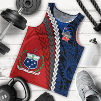 Flat-lay view of men’s blue and red Polynesian print tank top, sleeveless crew neck