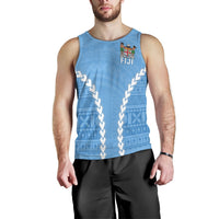 Men's blue Fiji graphic tank top with Polynesian-style pattern, sleeveless crew neck
