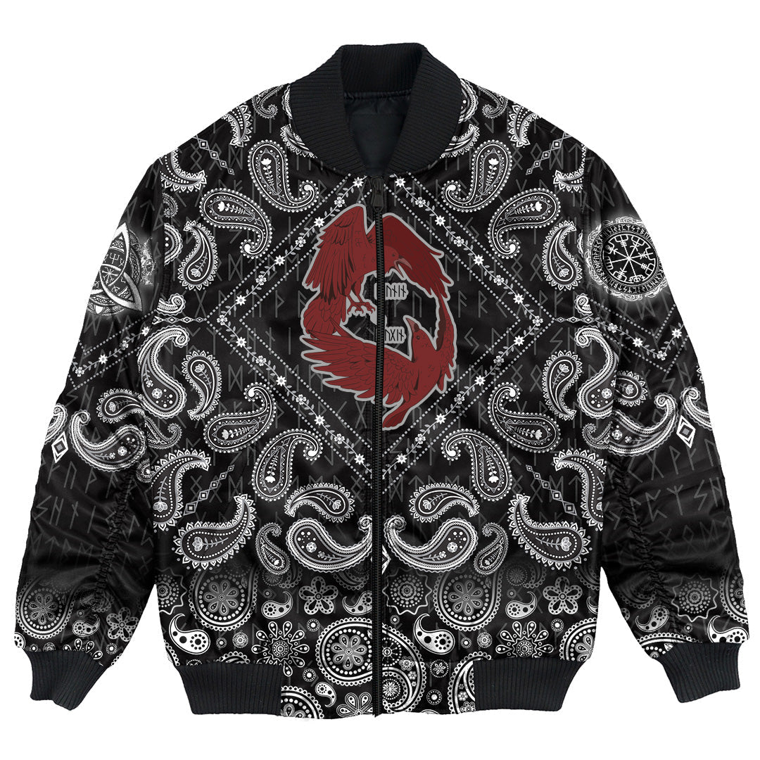 Viking Bomber Jacket Dark Red With Odins Ravens with Bandana Paisley Style RLT12 - Wonder Print Shop