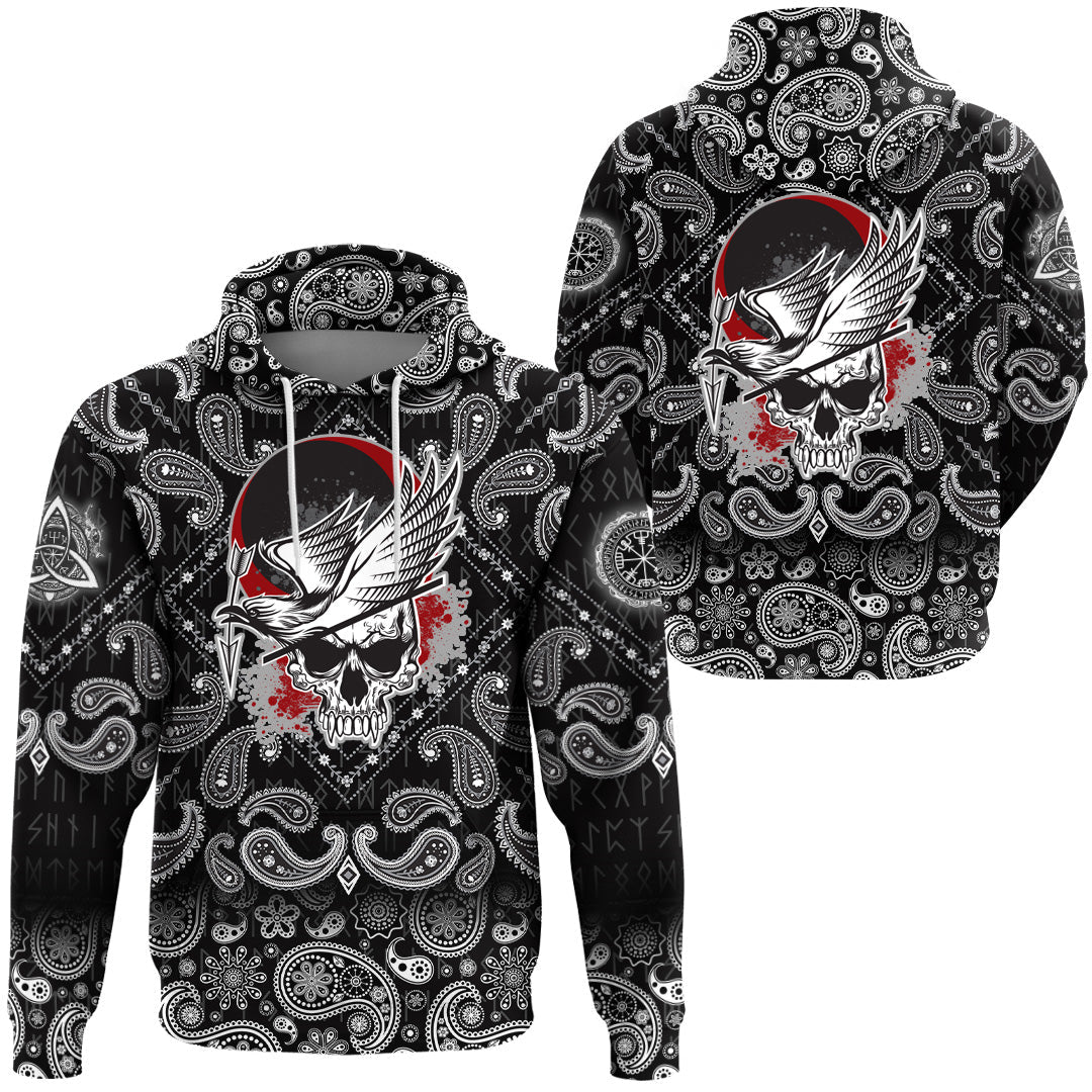 Viking Hoodie Dead Skull With Crow with Bandana Paisley Style RLT12 - Wonder Print Shop