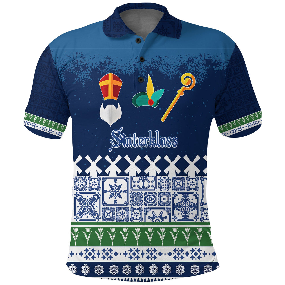 Blue polo shirt with Sinterklaas graphic, festive patterns and striped trim