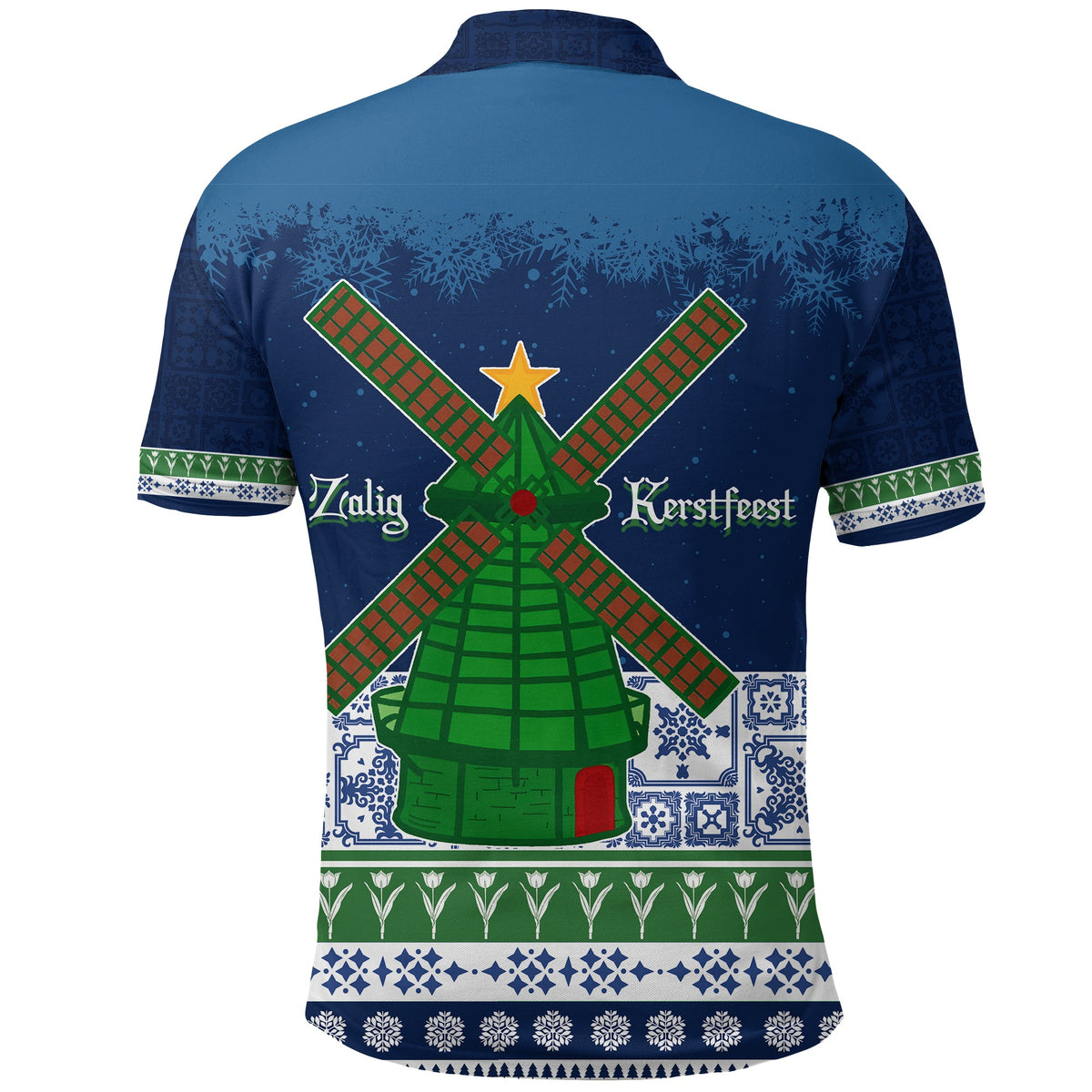 Blue polo shirt back with green windmill cross design and holiday Dutch text