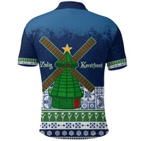 Blue polo shirt back with green windmill cross design and holiday Dutch text