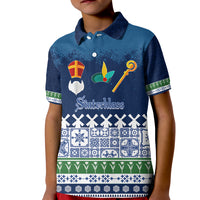 Kids blue polo with Sinterklaas, windmill and Delft-style holiday pattern