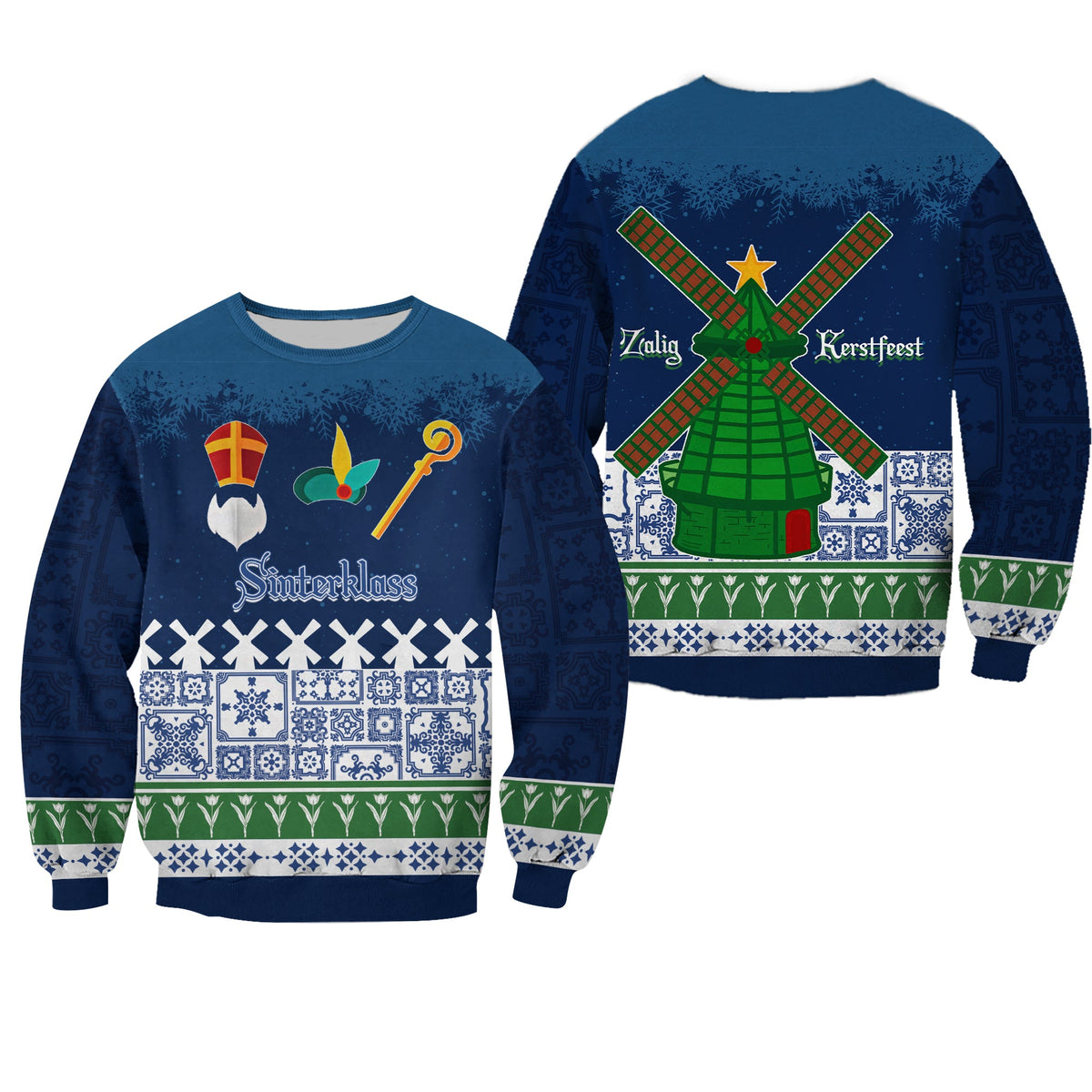 Blue crewneck sweatshirt with Sinterklaas, windmill graphic, and Delft-style pattern