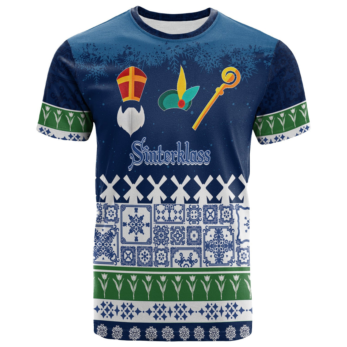 Blue Sintteklas graphic Christmas T-shirt with windmill and Delft-style border sleeves