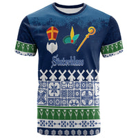 Blue Sintteklas graphic Christmas T-shirt with windmill and Delft-style border sleeves
