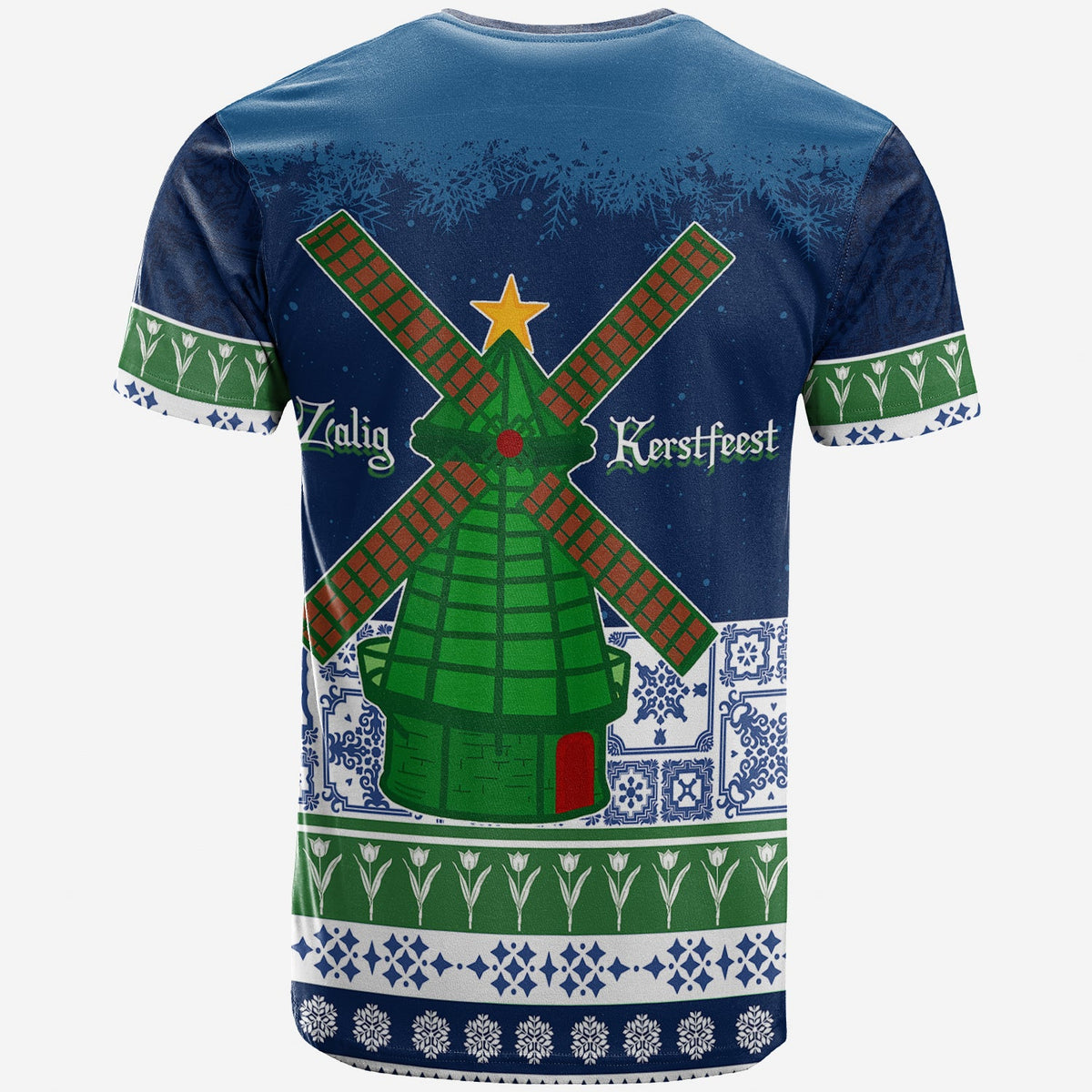 Back view blue Christmas T-shirt with green tree cross and Delft tile pattern