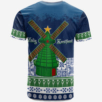 Back view blue Christmas T-shirt with green tree cross and Delft tile pattern