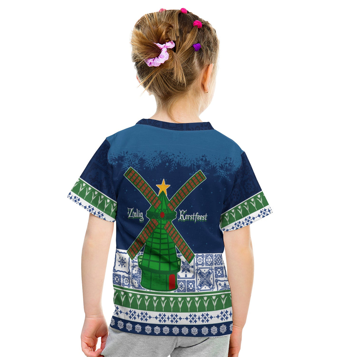 Kids Sinterklaas T-shirt, dark blue back print with green windmill motif