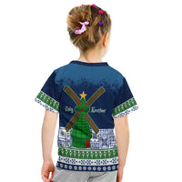 Kids Sinterklaas T-shirt, dark blue back print with green windmill motif