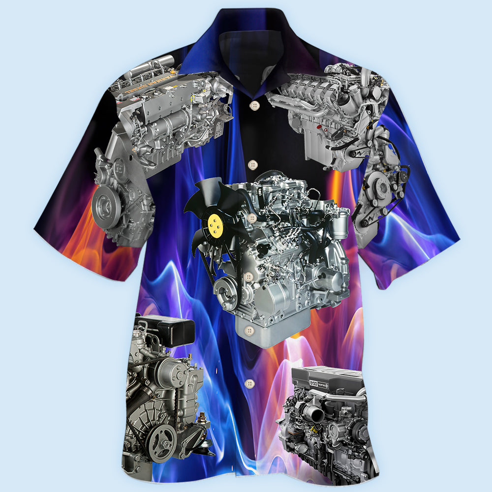 Diesel-engine Hawaiian shirt, black collar, button front, blue-purple engine collage