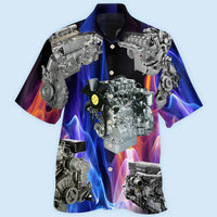 Diesel-engine Hawaiian shirt, black collar, button front, blue-purple engine collage