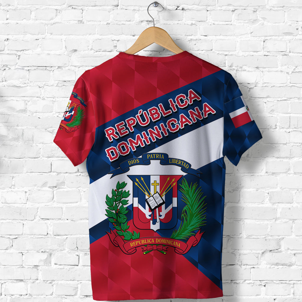 Dominican Republic sports T-shirt in red/white/blue, back view with large República Dominicana