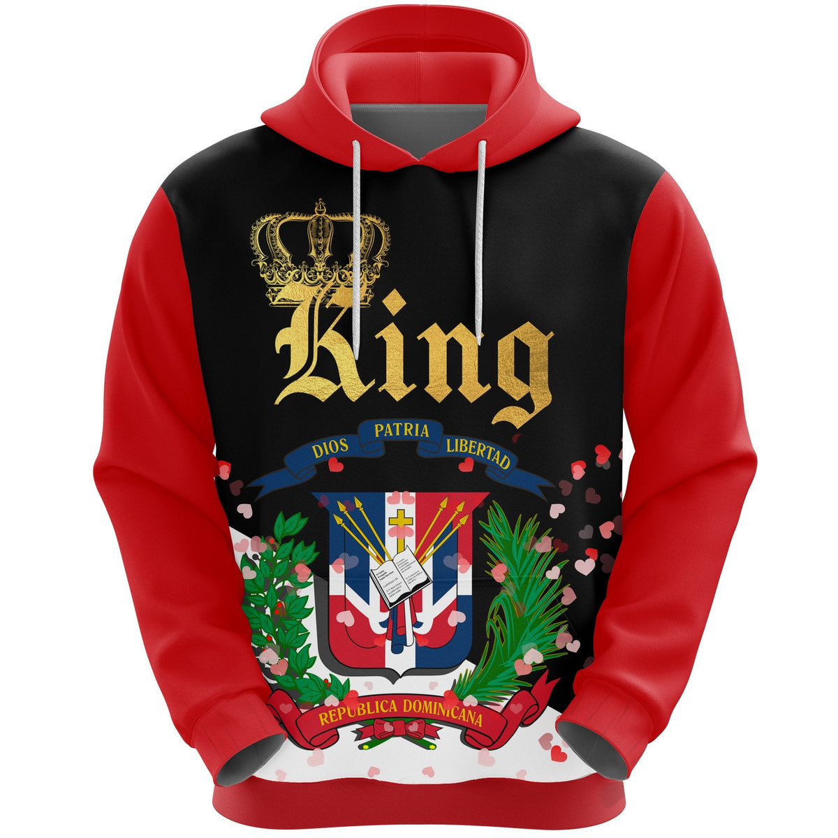 Pullover hoodie in black with red sleeves, front crest graphic and golden King text