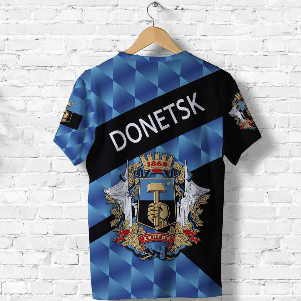 Blue/black sports T‑shirt with DONETSK text and central crest badge
