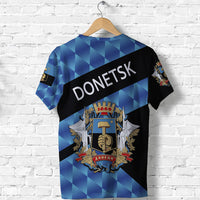 Blue/black sports T‑shirt with DONETSK text and central crest badge