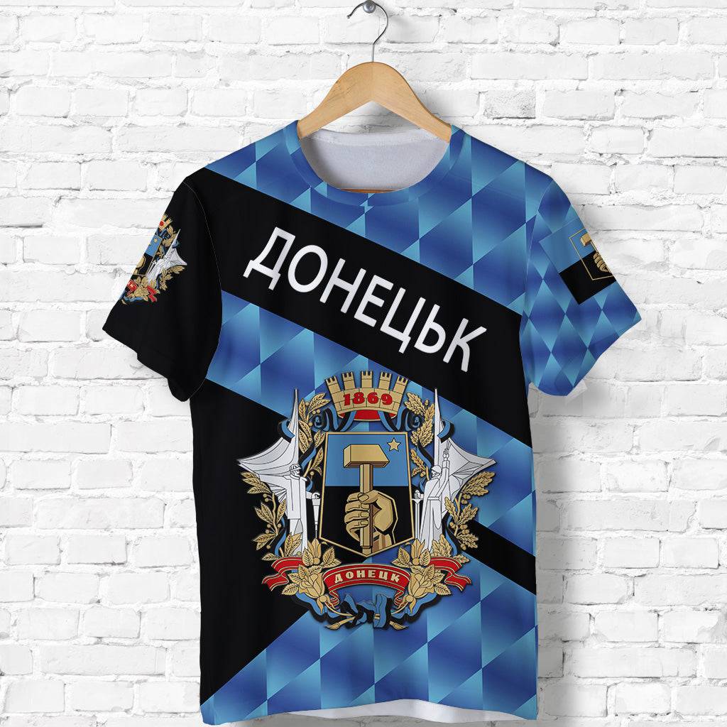 Blue/black Donetsk graphic sports T‑shirt, Cyrillic text and crest emblem