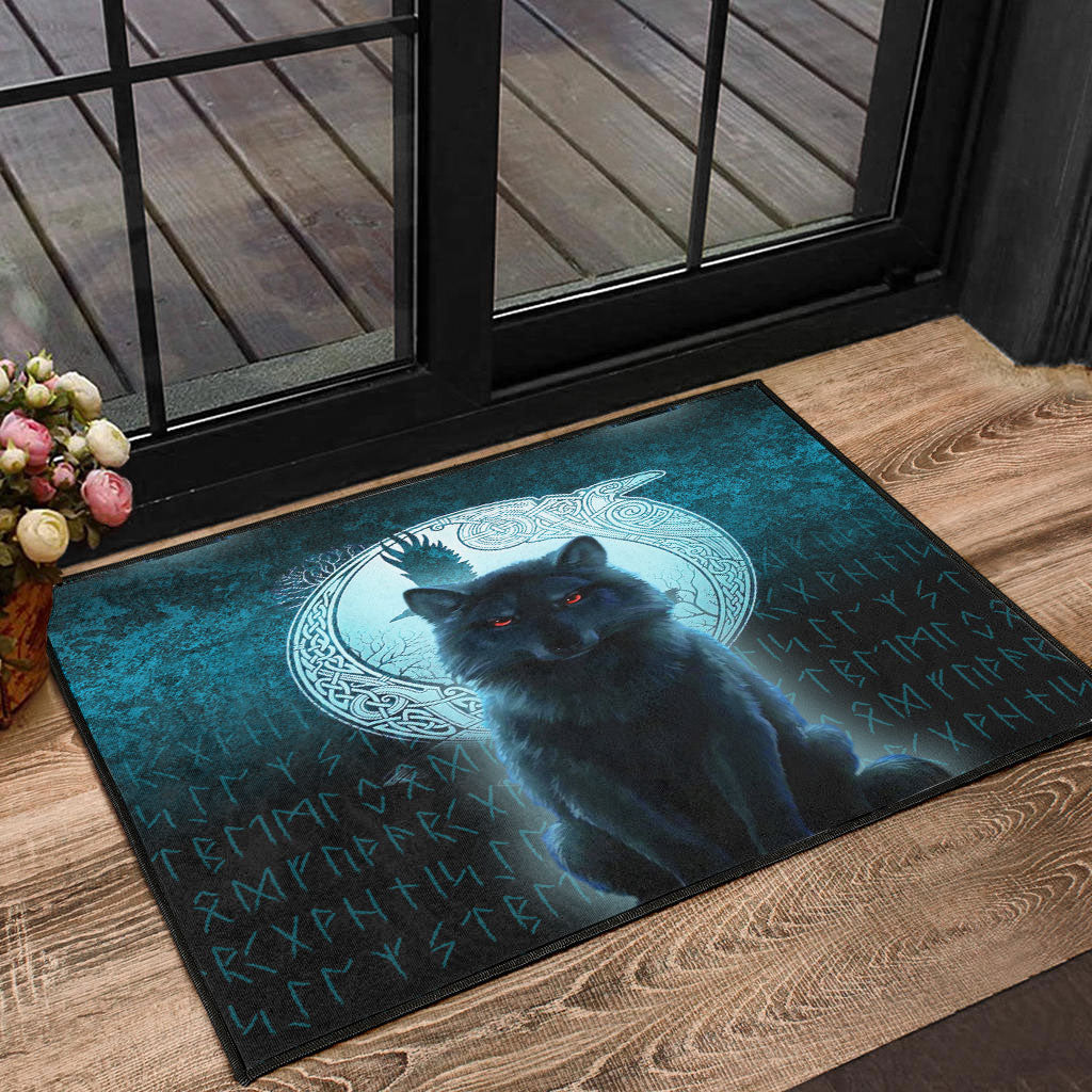 Cyan door mat with black wolf face, oval crest, and Nordic rune pattern