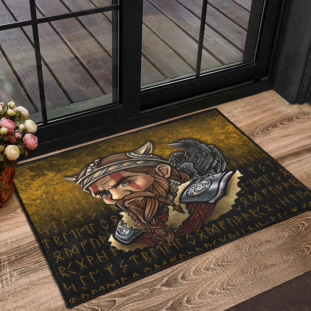 Black Viking door mat with warrior, raven, and rune pattern border