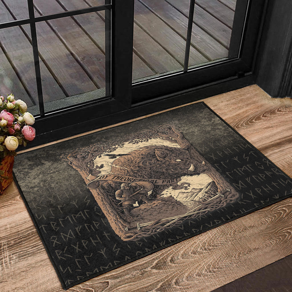 Black Viking-style door mat with boar graphic and rune pattern border