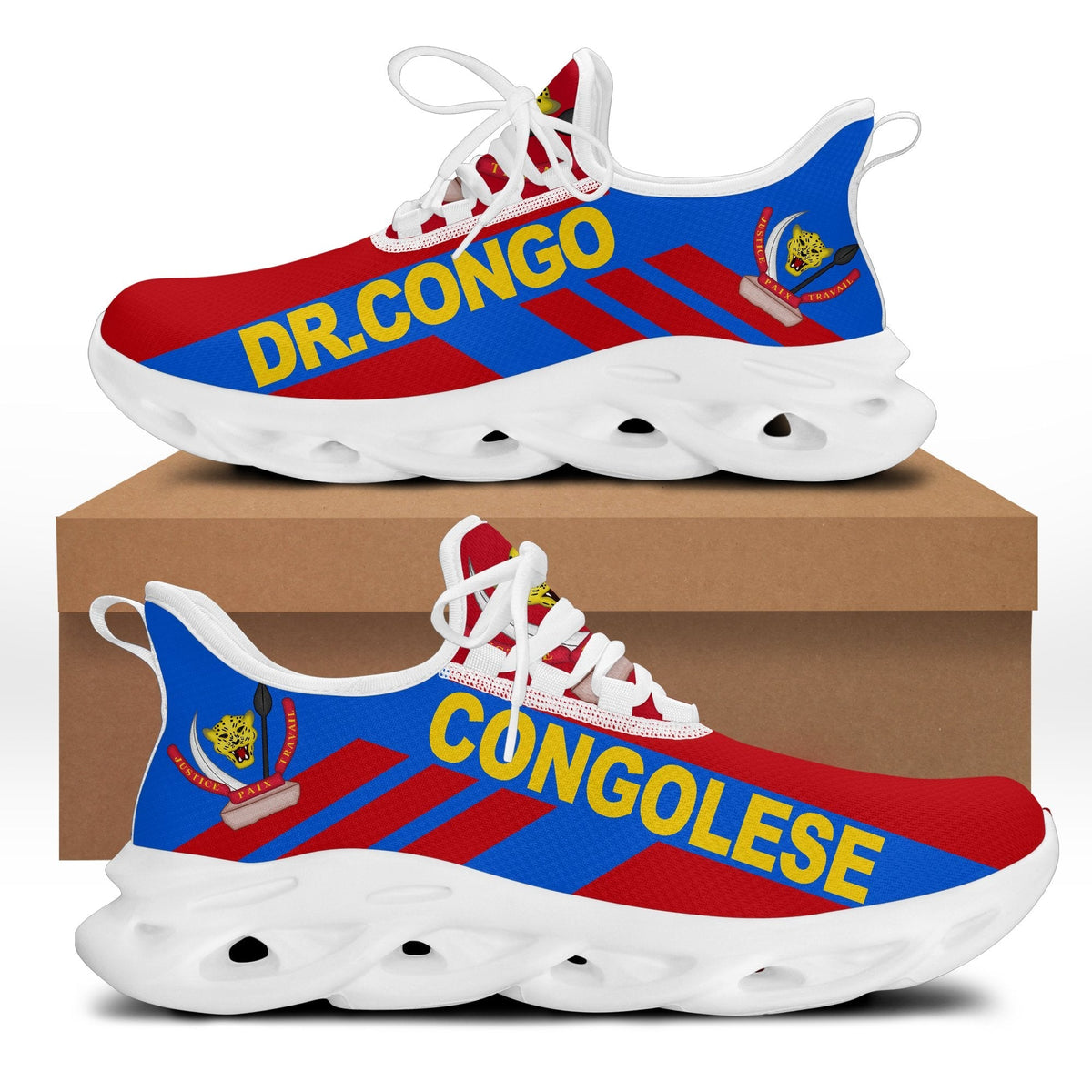 Clunky Congo-flag sneakers, red/blue upper with white perforated sole