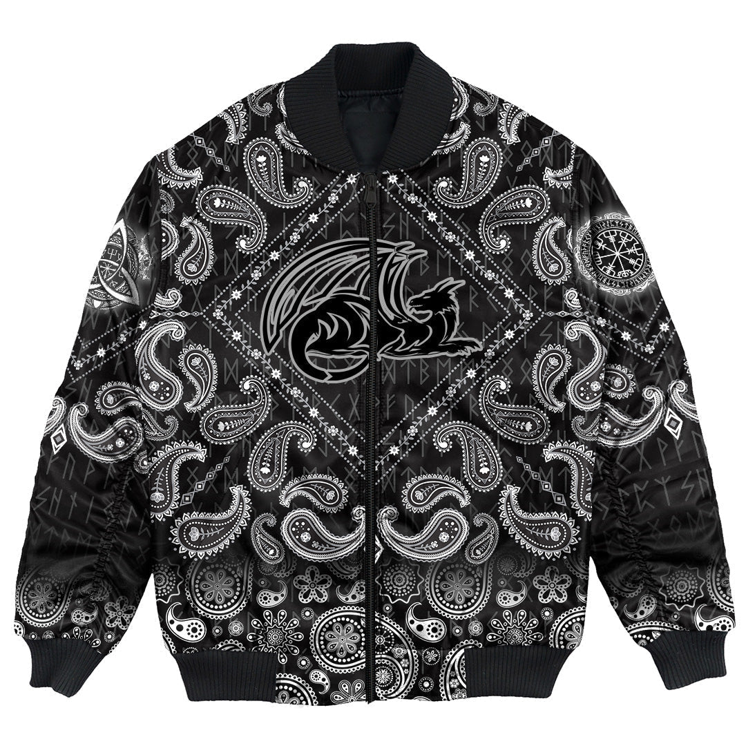 Viking Bomber Jacket Dragon Ancient Fire Breathing Monster with Bandana Paisley Style RLT12 - Wonder Print Shop