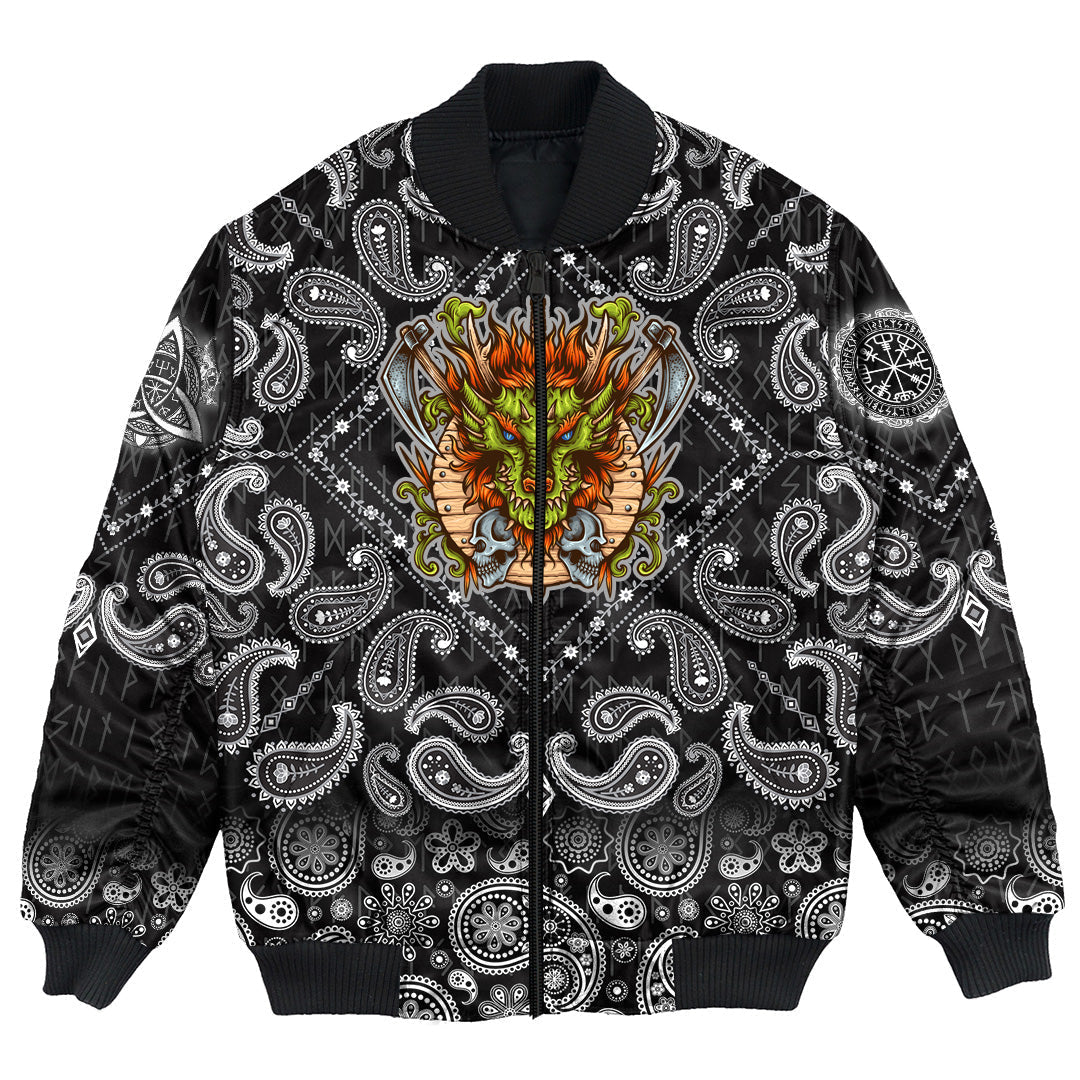 Viking Bomber Jacket Dragon Shield Axe Sword Skull with Bandana Paisley Style RLT12 - Wonder Print Shop