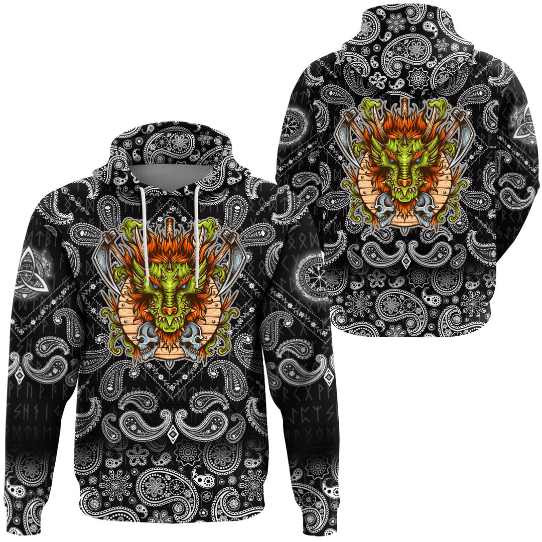 Viking Hoodie Dragon Shield Axe Sword Skull with Bandana Paisley Style RLT12 - Wonder Print Shop