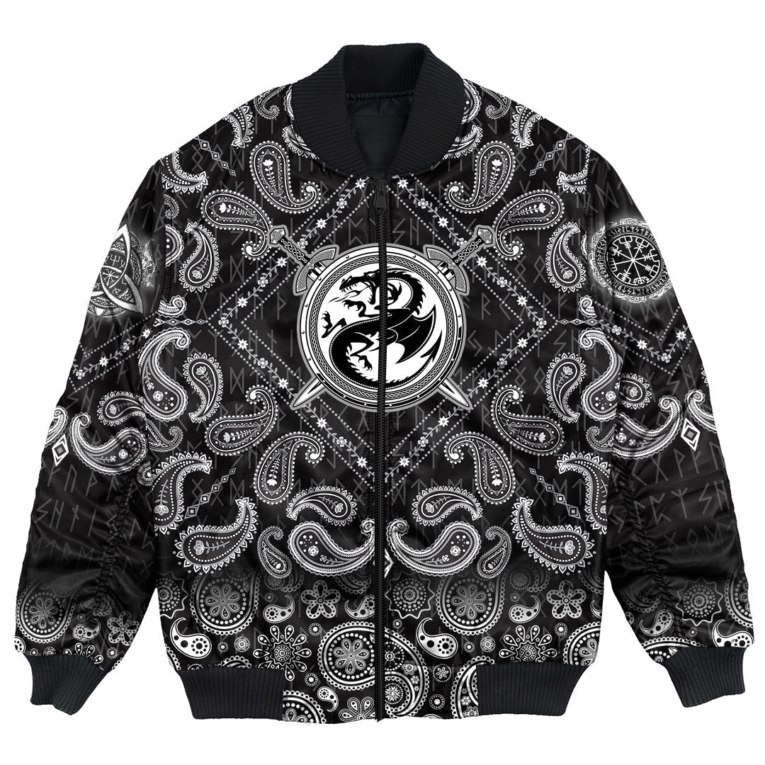 Viking Bomber Jacket Dragon Shield With Crossing Swords with Bandana Paisley Style RLT12 - Wonder Print Shop