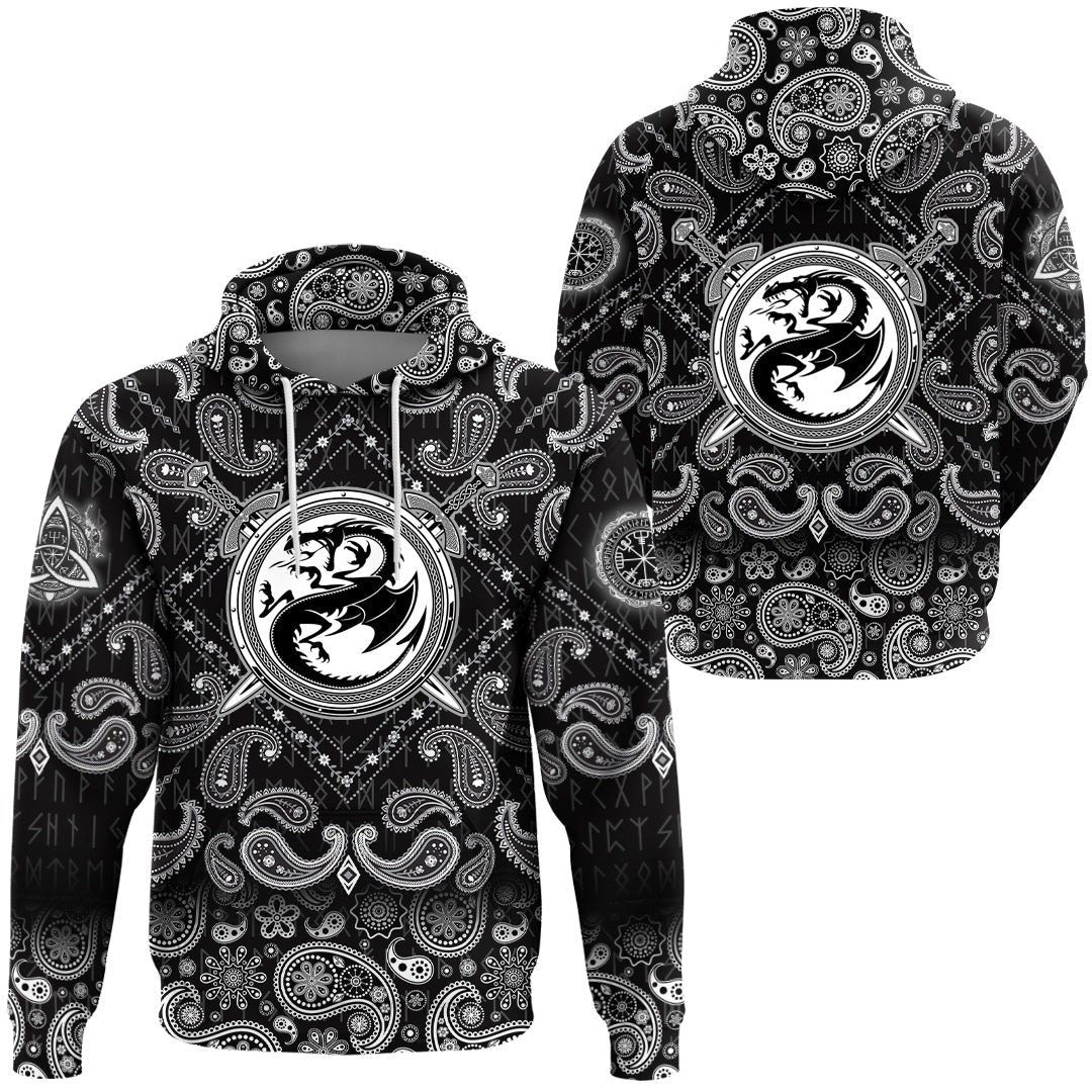 Viking Hoodie Dragon Shield With Crossing Swords with Bandana Paisley Style RLT12 - Wonder Print Shop