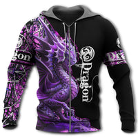 Black zip hoodie with purple dragon graphic, hood, and patterned sleeves.