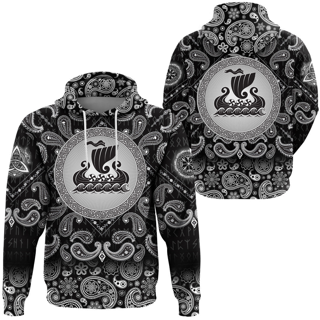 Viking Hoodie Drakkar Black with Bandana Paisley Style RLT12 - Wonder Print Shop