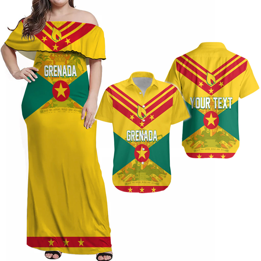 Grenada-flag print off-shoulder maxi dress and short-sleeve shirt, yellow green red