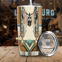20oz tumbler, native eagle chest pattern, teal/blue beadwork, open stainless lid