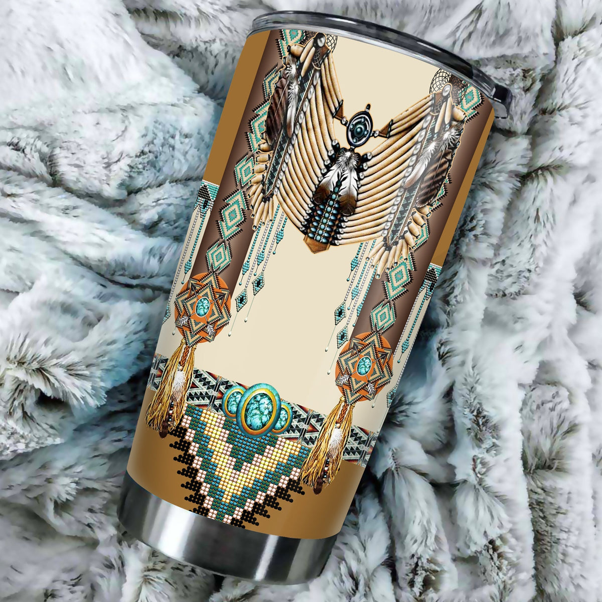 20oz tumbler with native eagle chest design, teal beadwork, tan body and steel lid