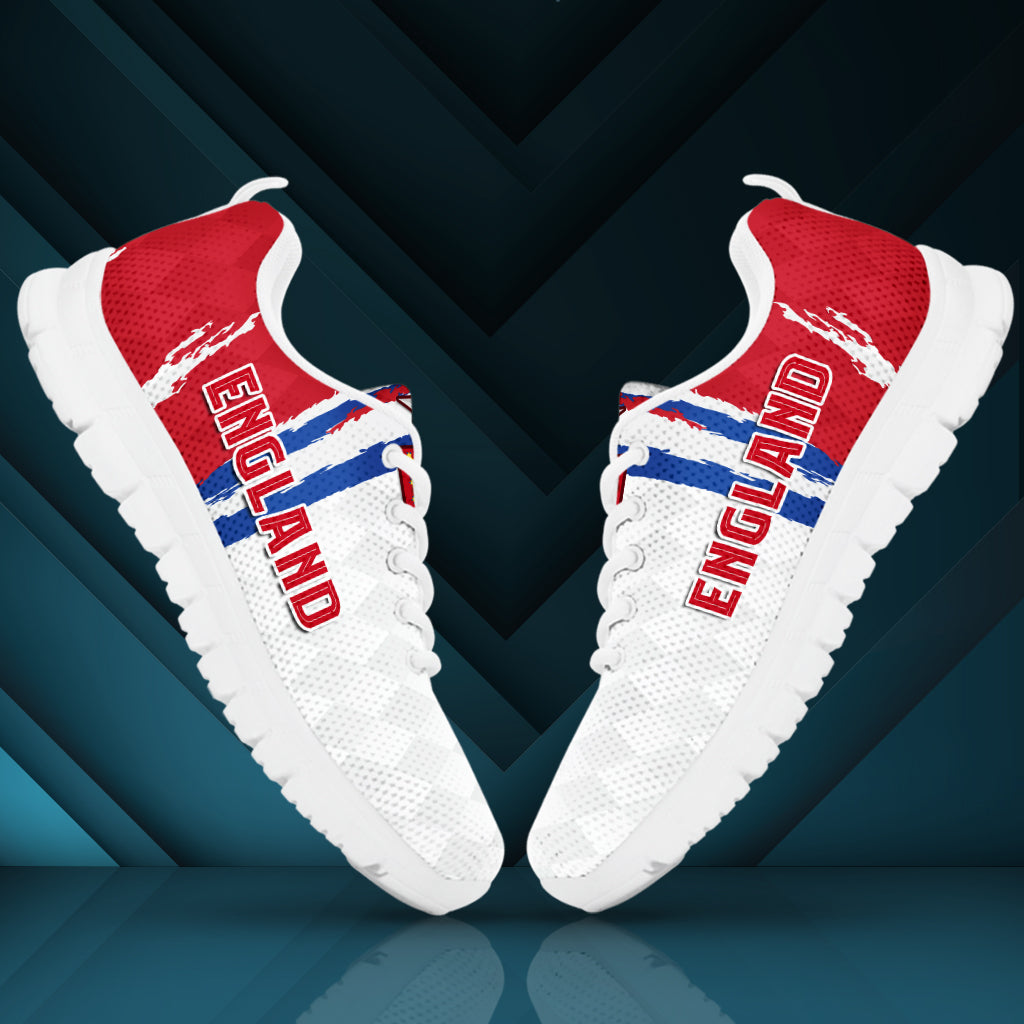 England football sneakers with red heel, blue stripe, white sole