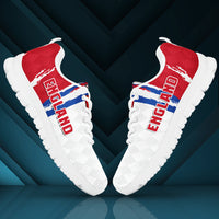 England football sneakers with red heel, blue stripe, white sole