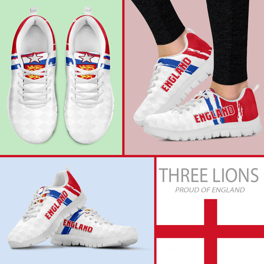 England sneakers, white uppers with red side panels, blue stripe, white laces, white sole