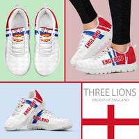 England sneakers, white uppers with red side panels, blue stripe, white laces, white sole