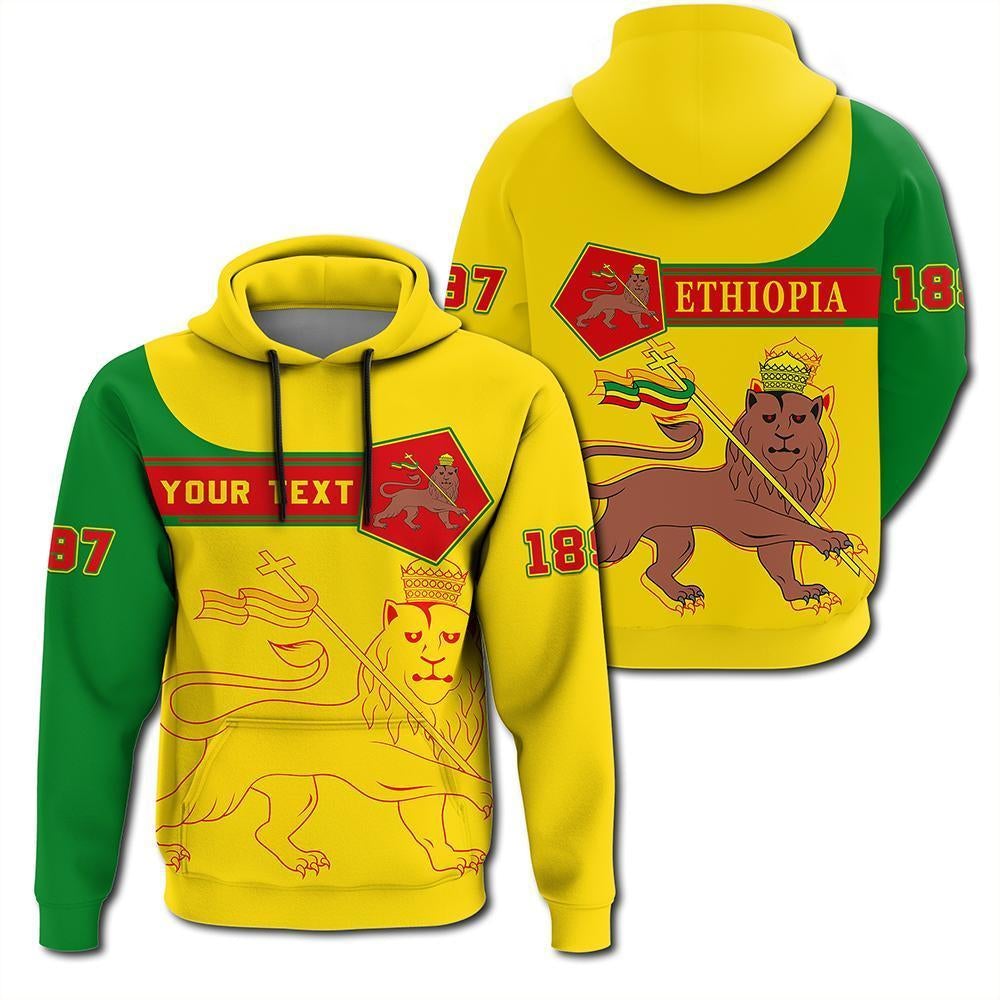 Multicolor pullover hoodie, lion Ethiopia graphic and 'YOUR TEXT' panel, numbers 87 & 18