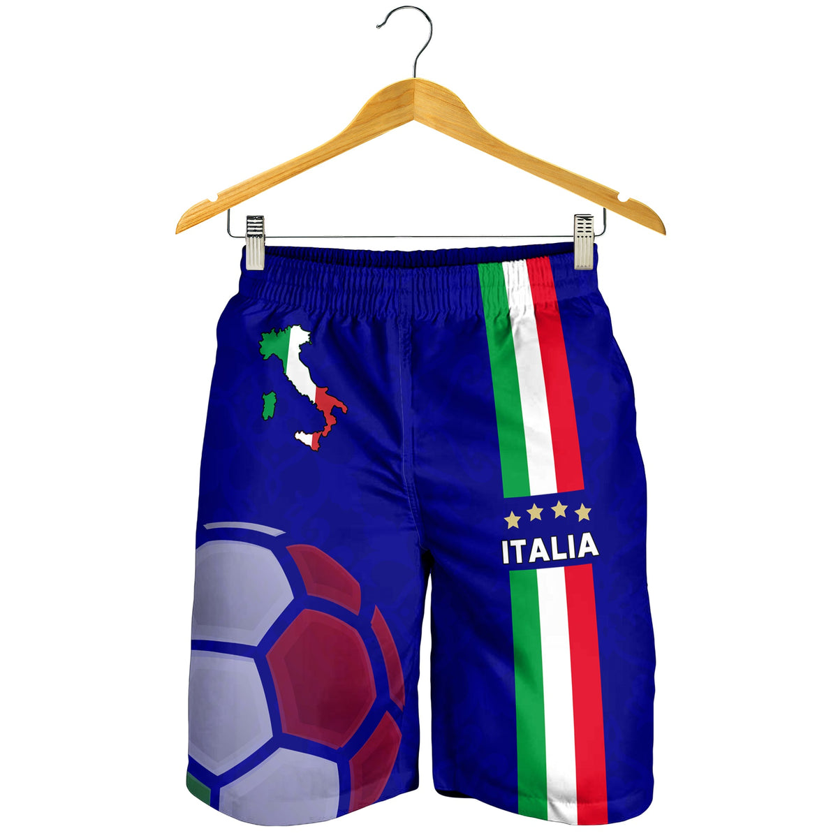Blue Italy flag swim shorts with soccer ball graphic and green-white-red side panel